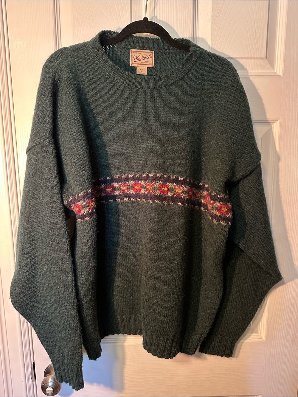 Woolrich Wool Blend Dark Green Crewneck Sweater with Multicolor Fair Isle Band